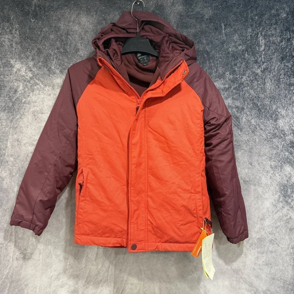 Boy's 3 In 1 Hooded Water Resistant Fleece Layered Coat Orange Burgundy L